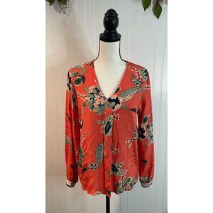 Part Two Womens Floral Print Long Sleeve V-Neck Blouse Sz. 36 with Striped Cuffs